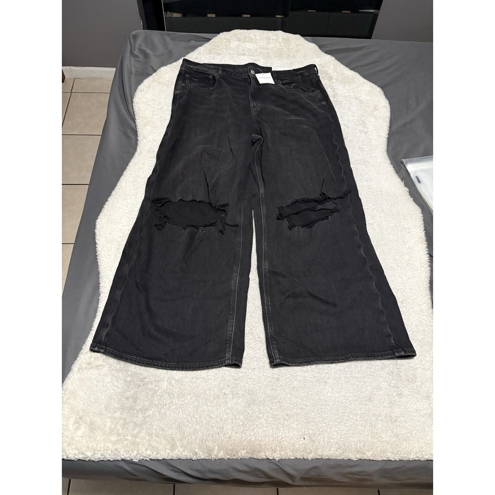 American Eagle Dreamy Drape Super High Rise Baggy Wide Leg Black Ripped Jeans 18